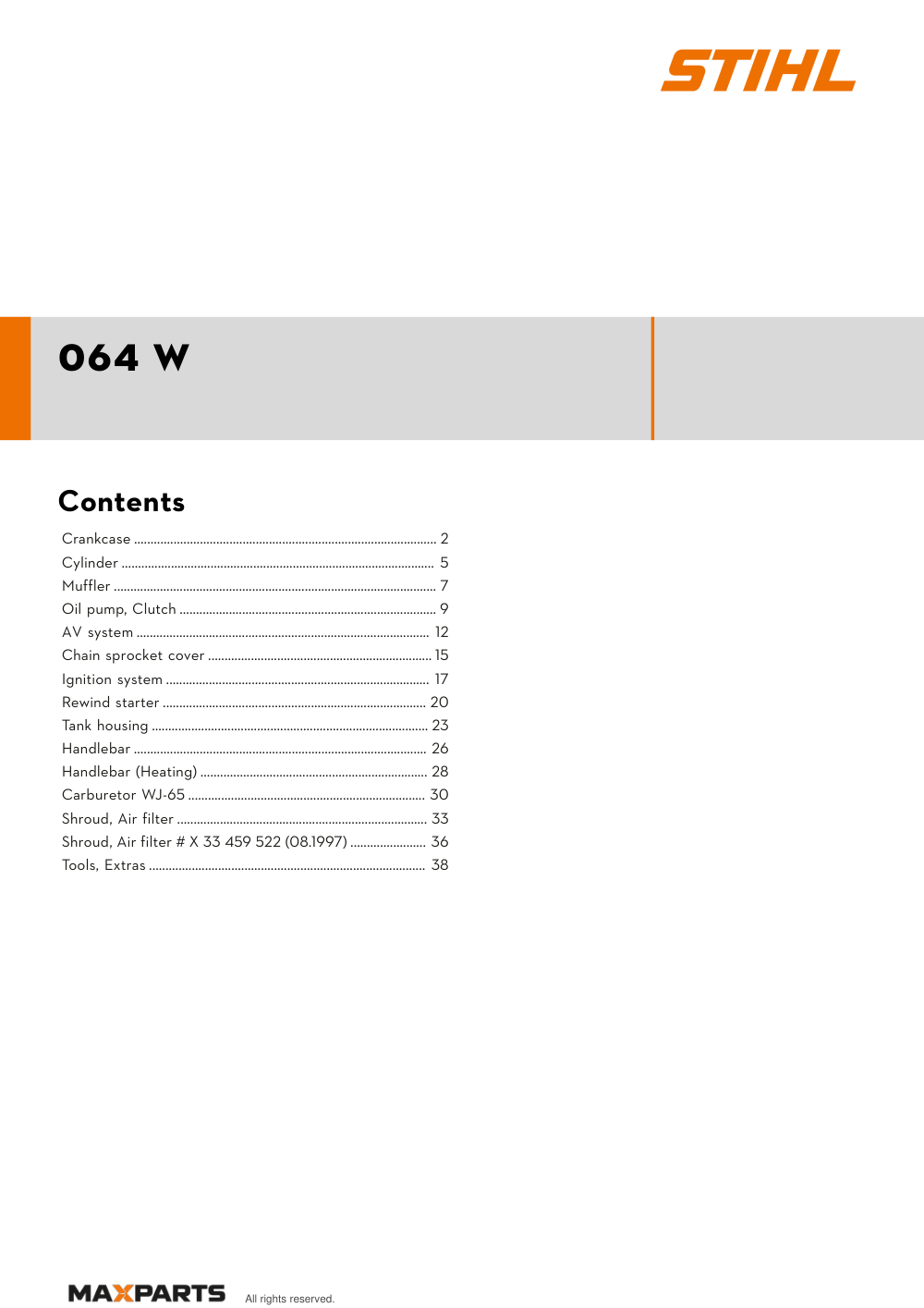 Cover of the STIHL 064 W illustrated parts catalogue PDF, showing the model name and contents.