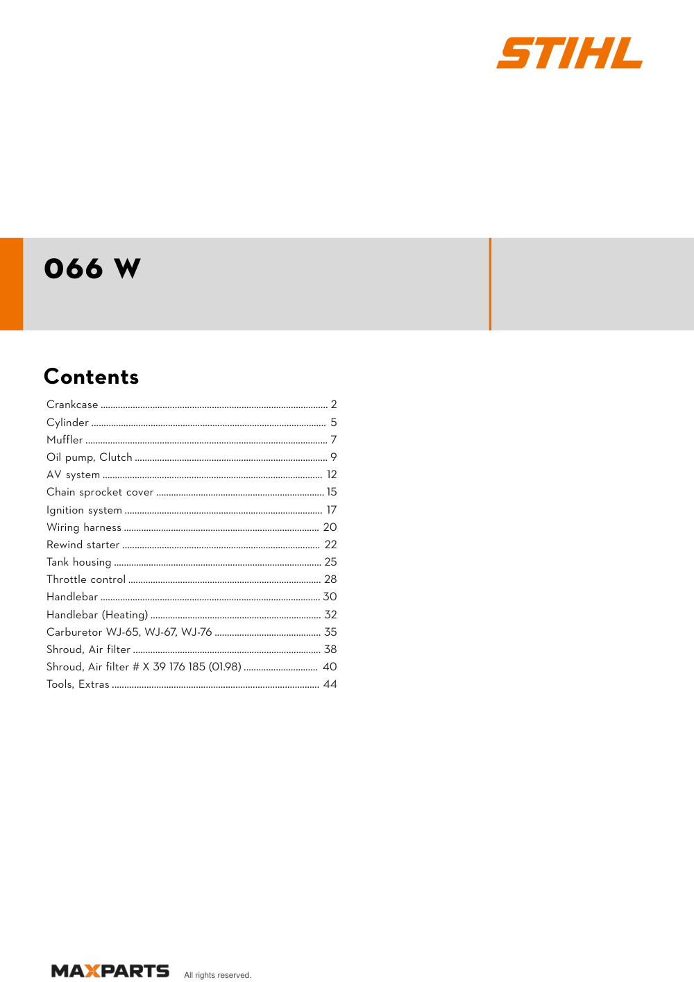 Cover of the STIHL 066 W illustrated parts catalogue PDF, showing the model name and contents.