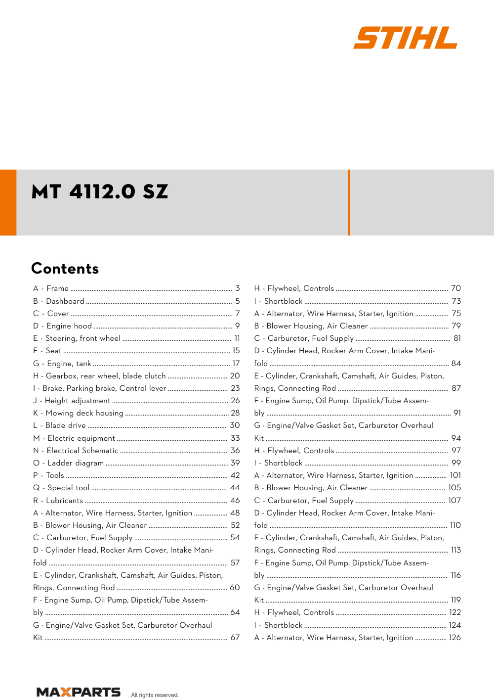 Cover of the STIHL MT 4112.0 SZ illustrated parts catalogue PDF, showing the model name and contents.