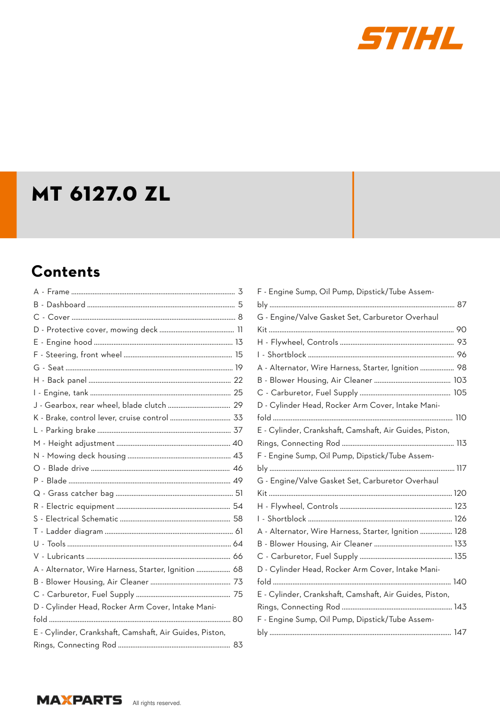 Cover of the STIHL MT 6127.0 ZL illustrated parts catalogue PDF, showing the model name and contents.