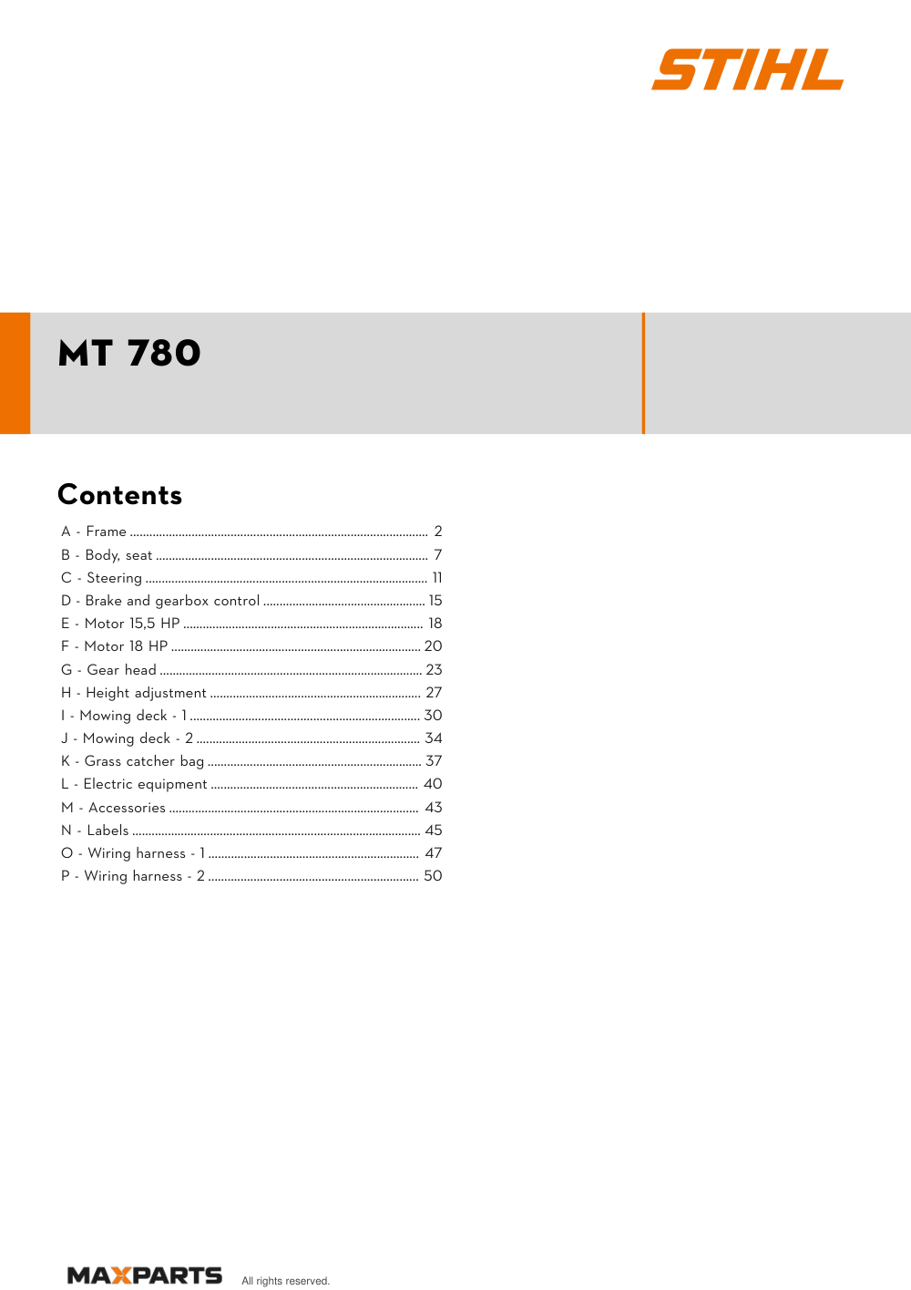 Cover of the STIHL MT 780 illustrated parts catalogue PDF, showing the model name and contents.