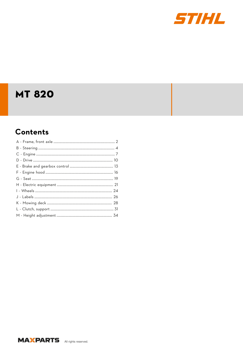 Cover of the STIHL MT 820 illustrated parts catalogue PDF, showing the model name and contents.