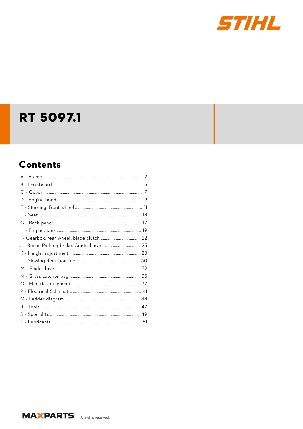 Cover of the STIHL RT 5097.1 illustrated parts catalogue PDF, showing the model name and contents.