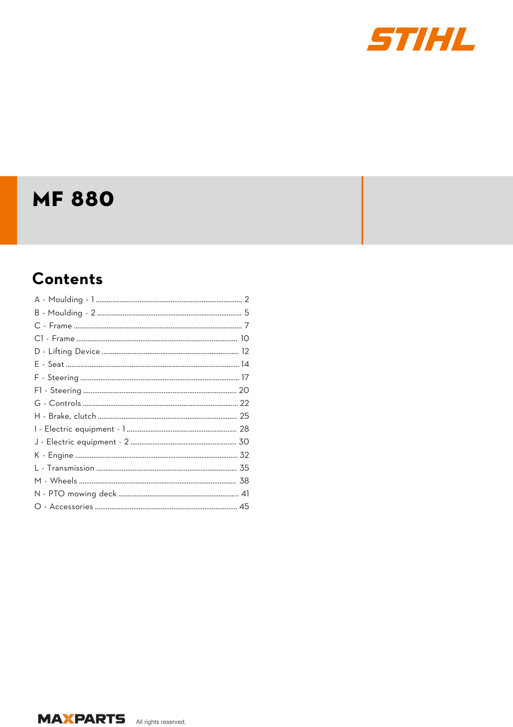 Cover of the VIKING MF 880 illustrated parts catalogue PDF, showing the model name and contents.