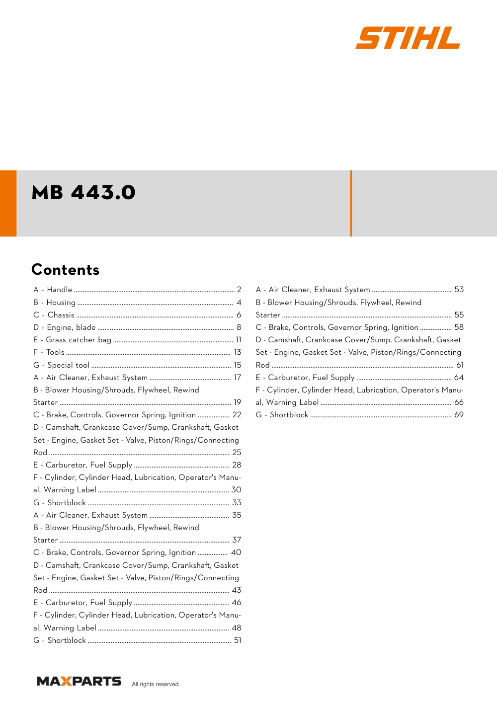 Cover of the VIKING MB 443.0 illustrated parts catalogue PDF, showing the model name and contents.