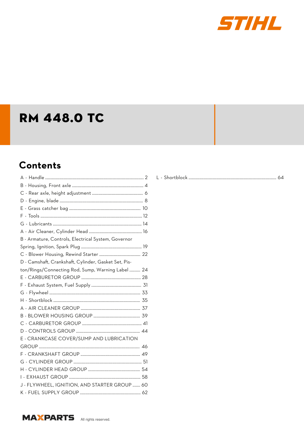 Cover of the STIHL RM 448.0 TC illustrated parts catalogue PDF, showing the model name and contents.