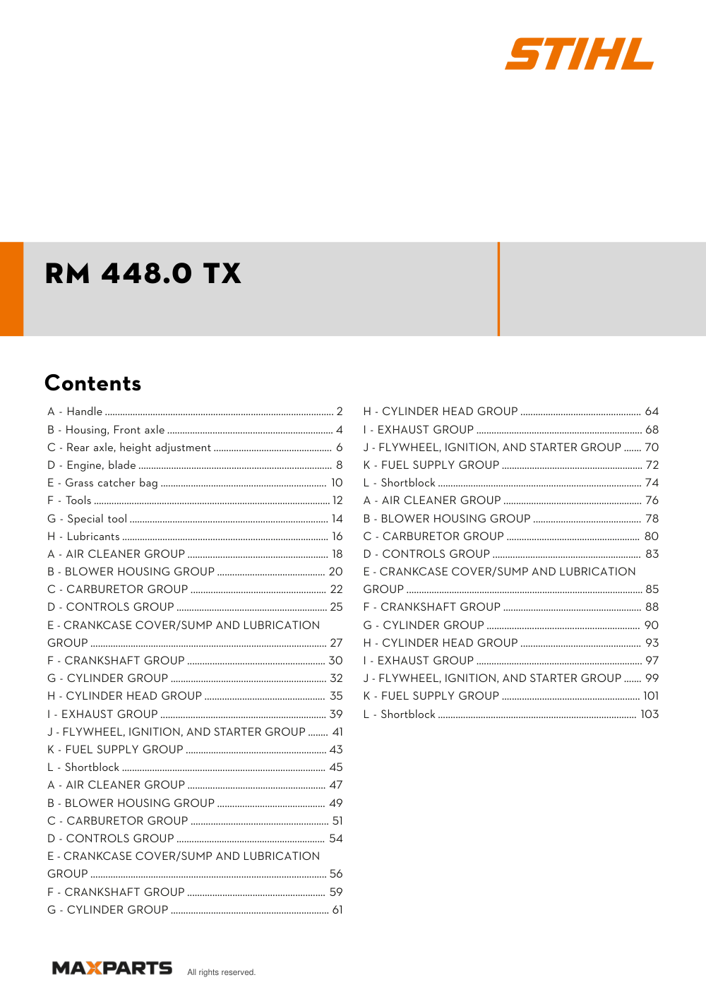 Cover of the STIHL RM 448.0 TX illustrated parts catalogue PDF, showing the model name and contents.
