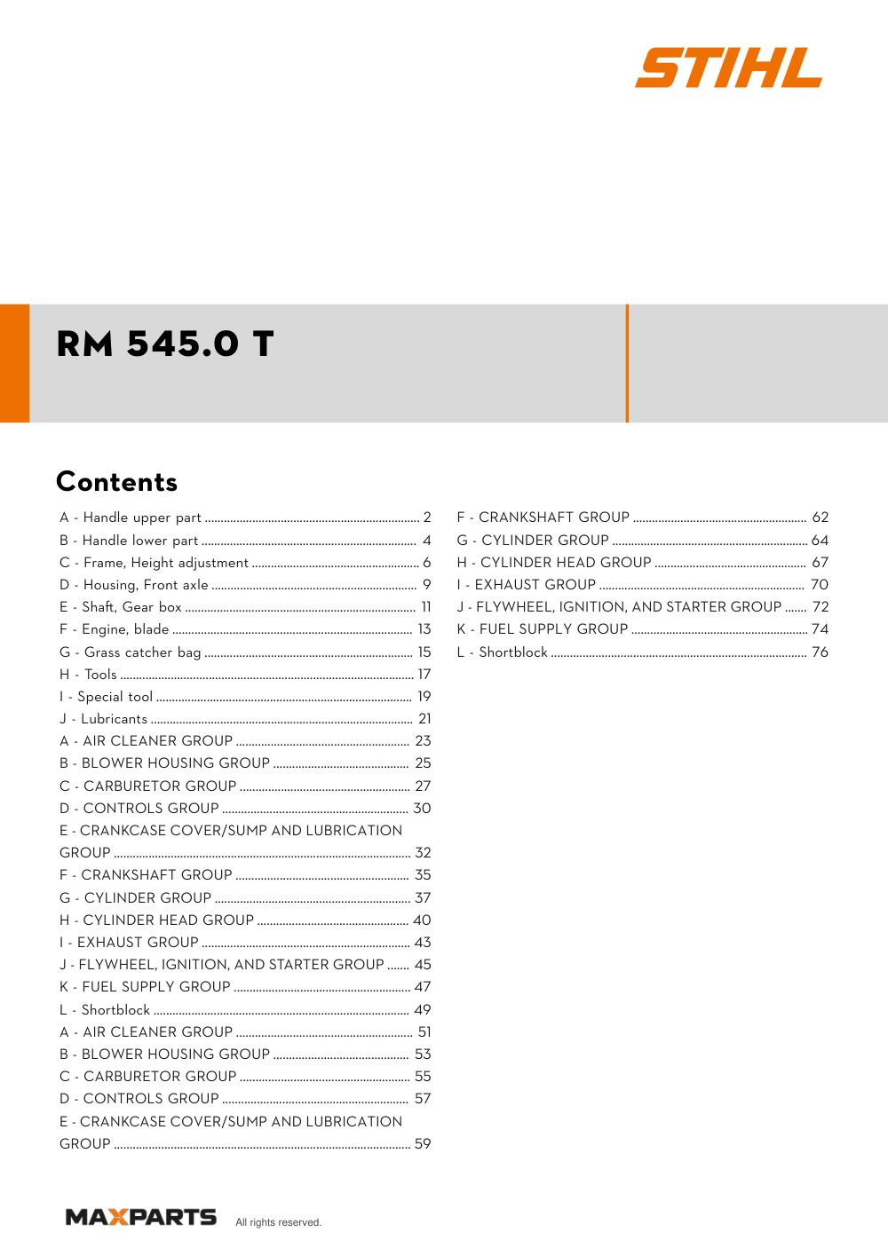 Cover of the STIHL RM 545.0 T illustrated parts catalogue PDF, showing the model name and contents.