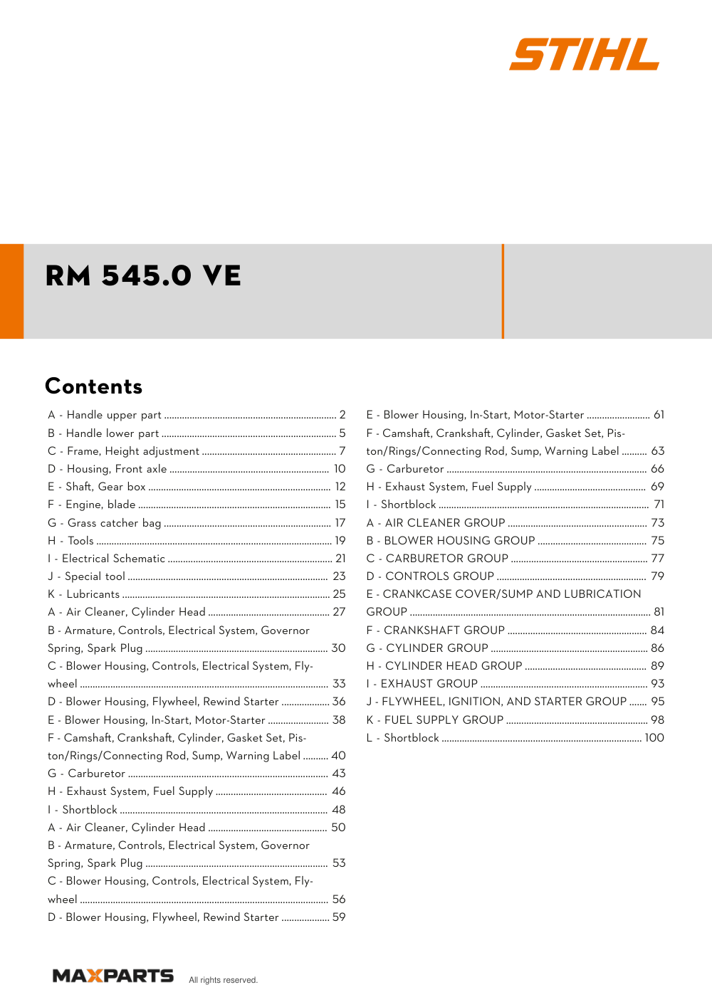 Cover of the STIHL RM 545.0 VE illustrated parts catalogue PDF, showing the model name and contents.