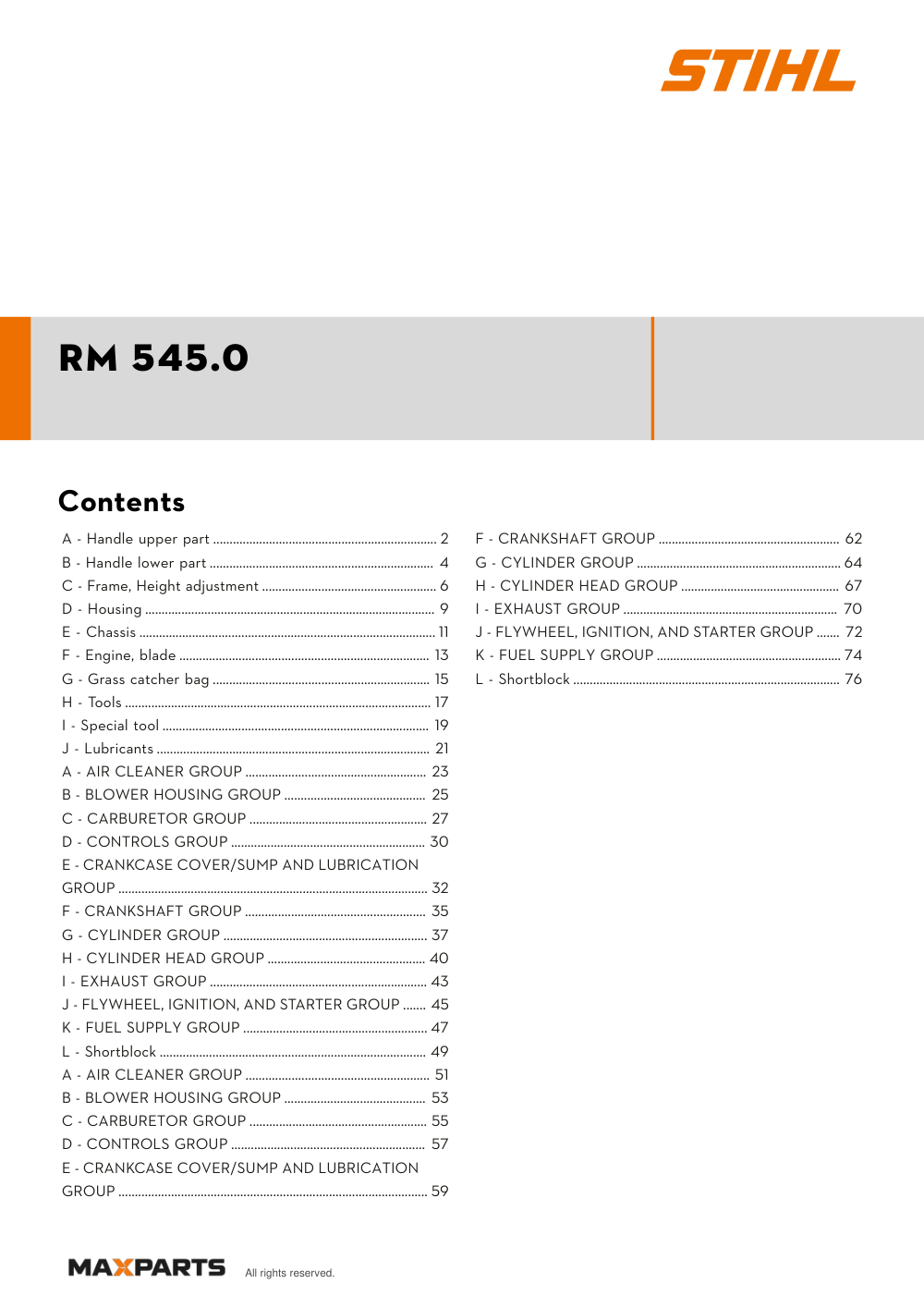 Cover of the STIHL RM 545.0 illustrated parts catalogue PDF, showing the model name and contents.