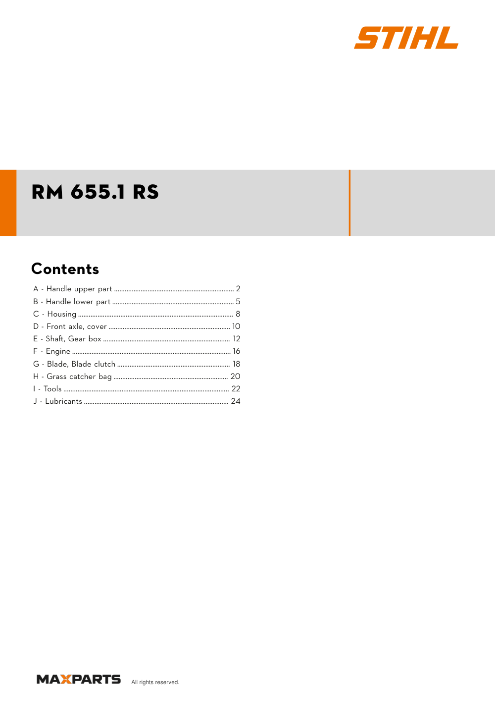Cover of the STIHL RM 655.1 RS illustrated parts catalogue PDF, showing the model name and contents.