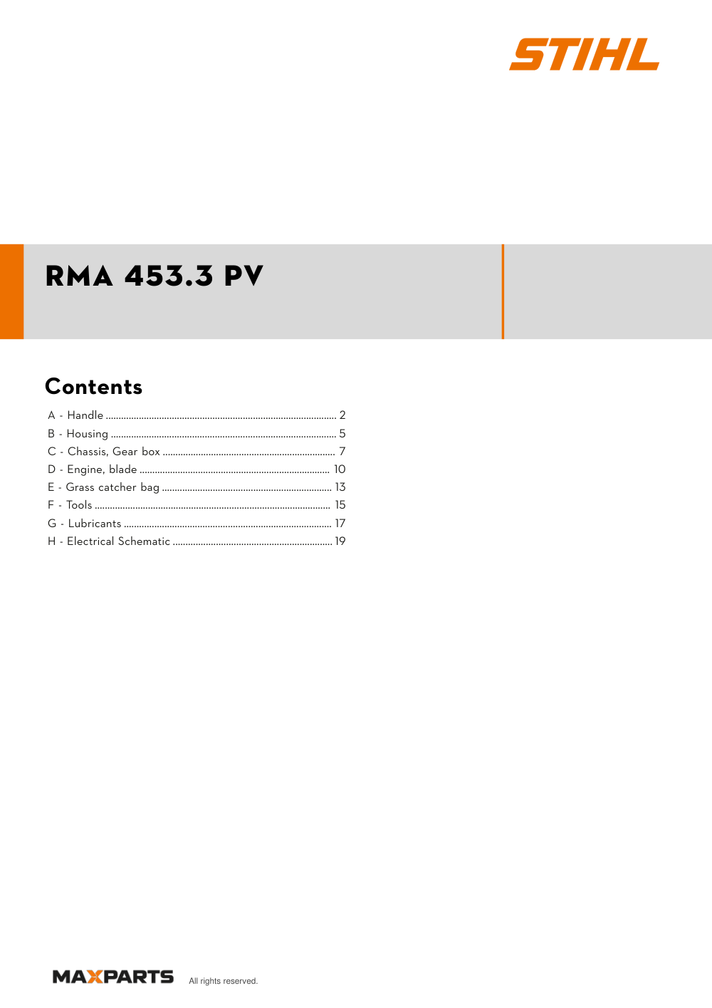 Cover of the STIHL RMA 453.3 PV illustrated parts catalogue PDF, showing the model name and contents.