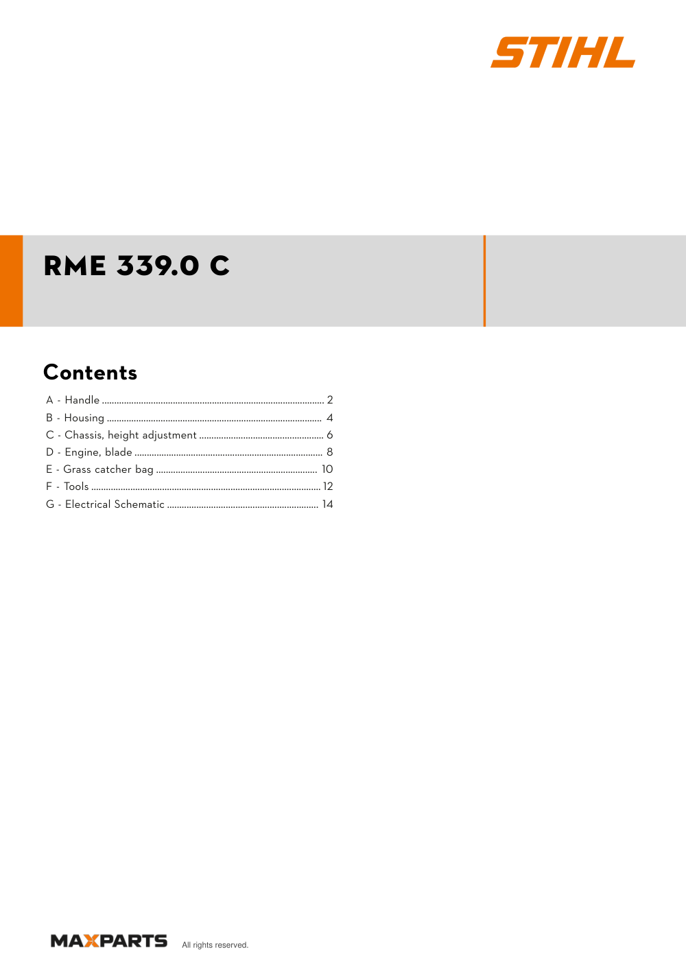 Cover of the STIHL RME 339.0 C illustrated parts catalogue PDF, showing the model name and contents.