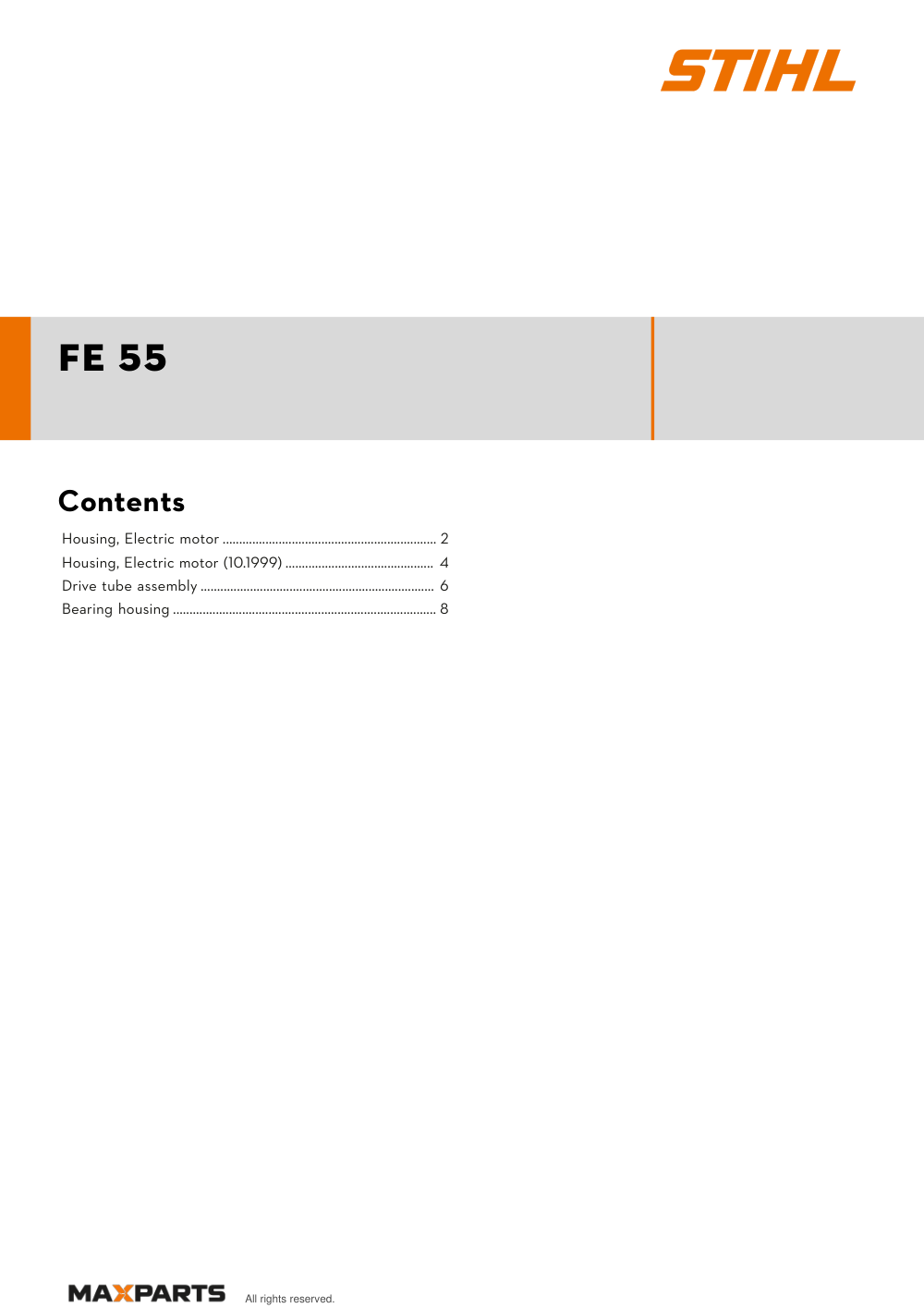Cover of the STIHL FE 55 illustrated parts catalogue PDF, showing the model name and contents.
