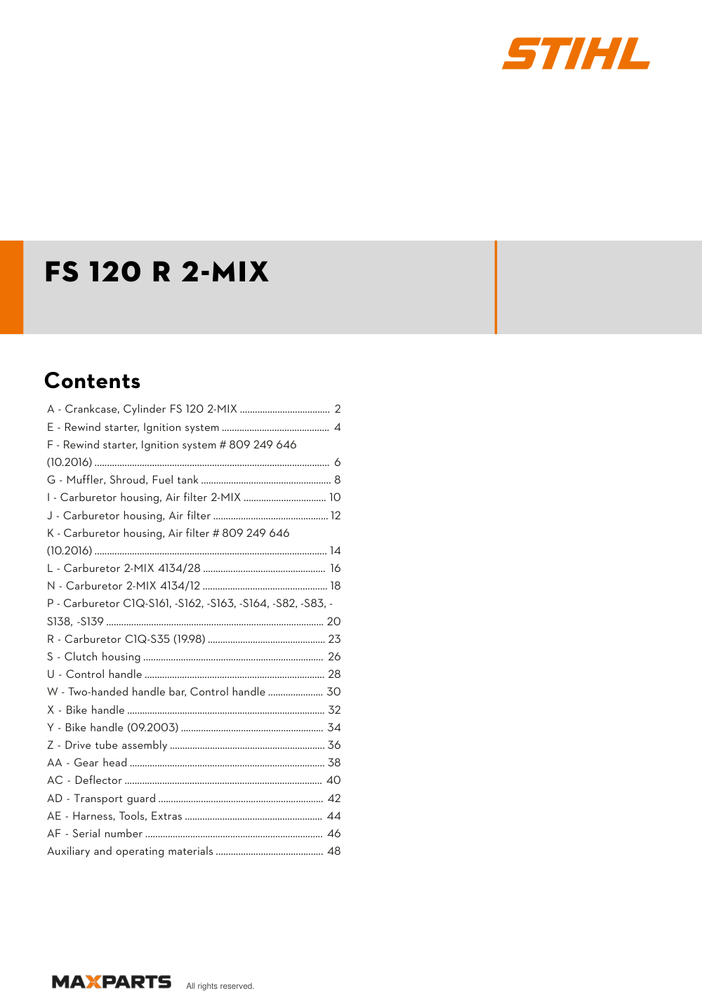 Cover of the STIHL FS 120 R 2-MIX illustrated parts catalogue PDF, showing the model name and contents.