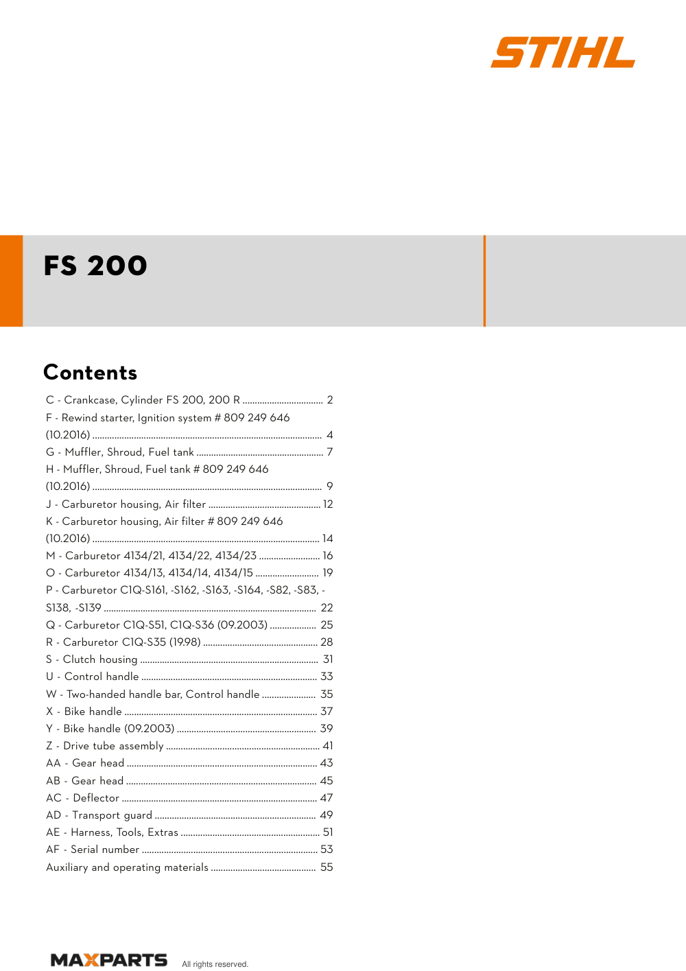 Cover of the STIHL FS 200 (ID 41340112310) illustrated parts catalogue PDF, showing the model name and contents.