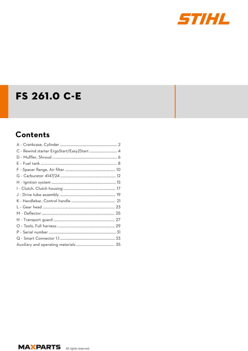 Cover of the STIHL FS 261.0 C-E illustrated parts catalogue PDF, showing the model name and contents.