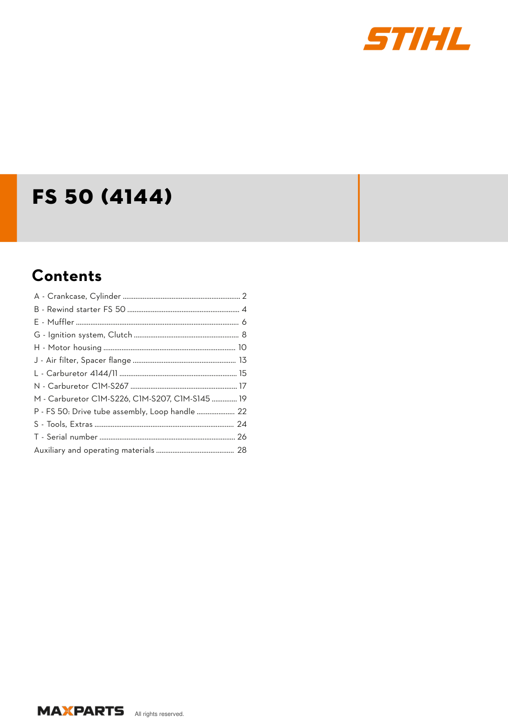 Cover of the STIHL FS 50 (4144) illustrated parts catalogue PDF, showing the model name and contents.