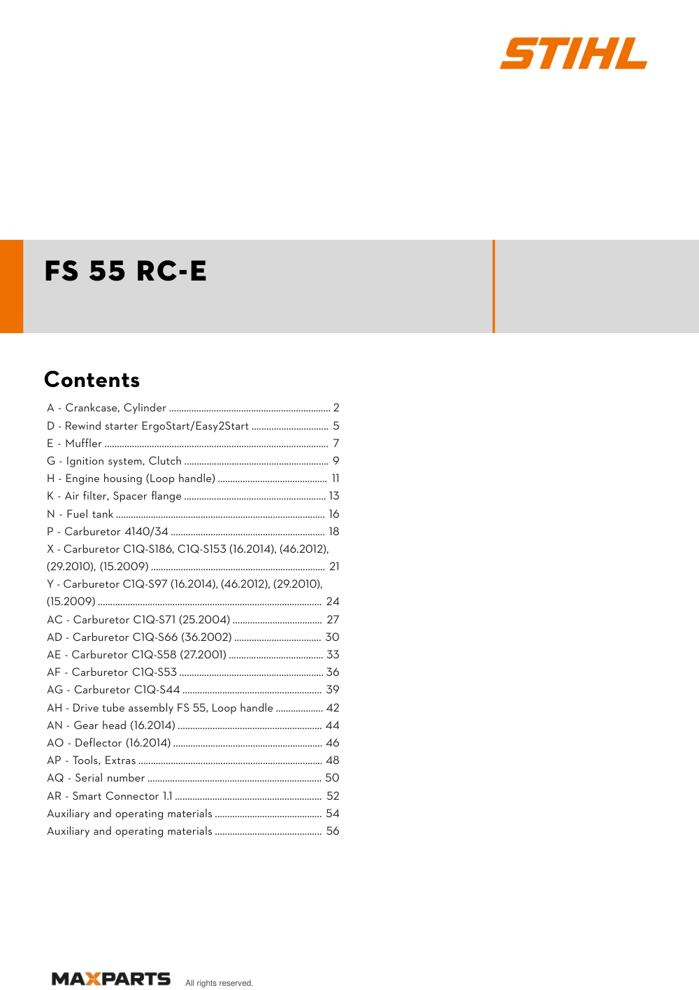 Cover of the STIHL FS 55 RC-E illustrated parts catalogue PDF, showing the model name and contents.