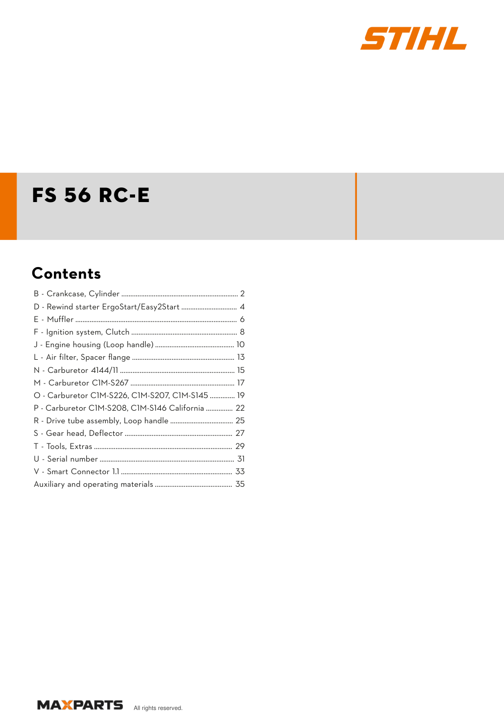 Cover of the STIHL FS 56 RC-E illustrated parts catalogue PDF, showing the model name and contents.
