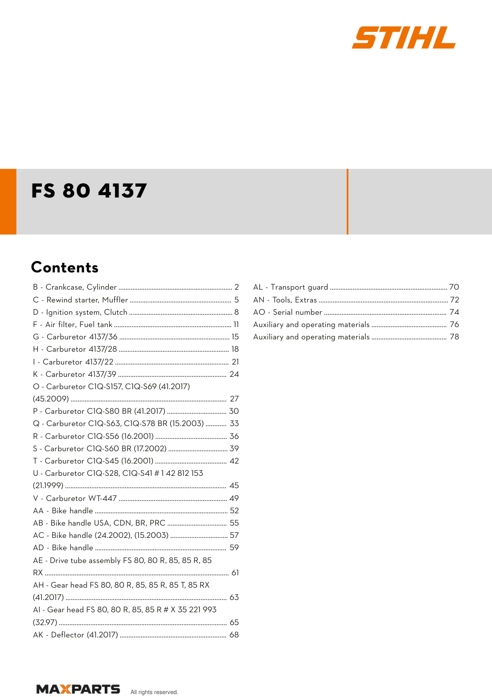 Cover of the STIHL FS 80 4137 illustrated parts catalogue PDF, showing the model name and contents.