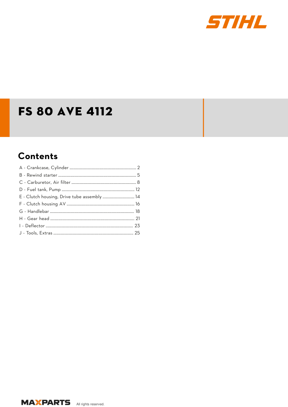 Cover of the STIHL FS 80 AVE 4112 illustrated parts catalogue PDF, showing the model name and contents.