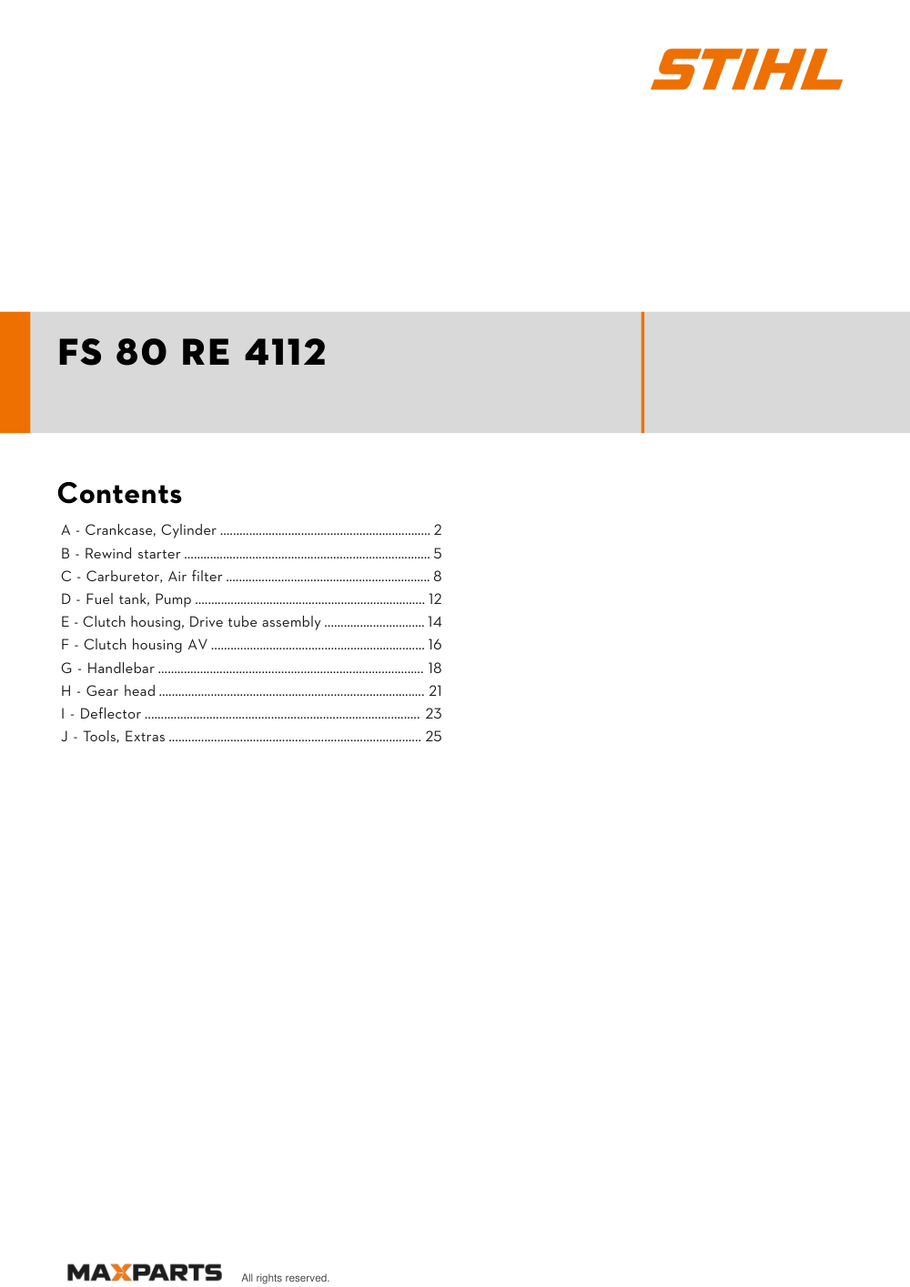 Cover of the STIHL FS 80 RE 4112 illustrated parts catalogue PDF, showing the model name and contents.