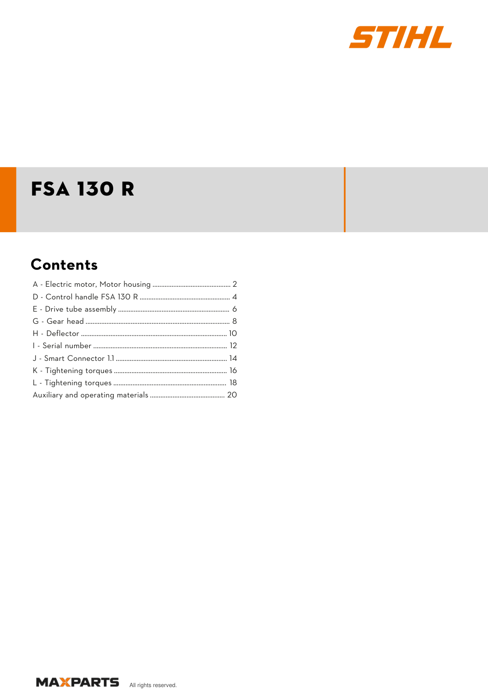 Cover of the STIHL FSA 130 R illustrated parts catalogue PDF, showing the model name and contents.