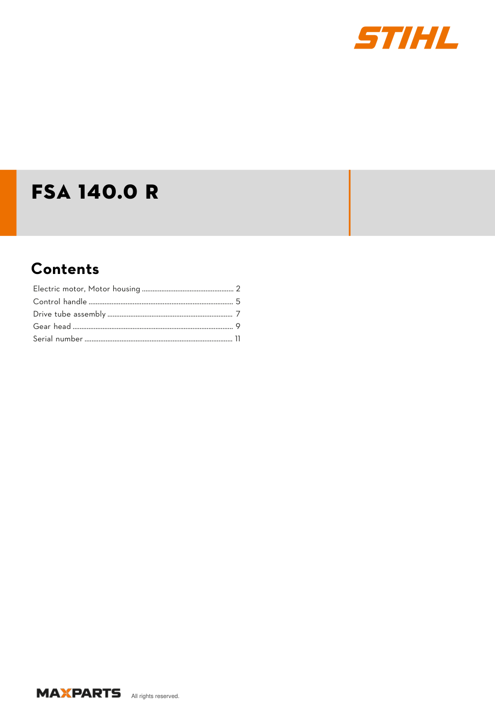 Cover of the STIHL FSA 140.0 R illustrated parts catalogue PDF, showing the model name and contents.