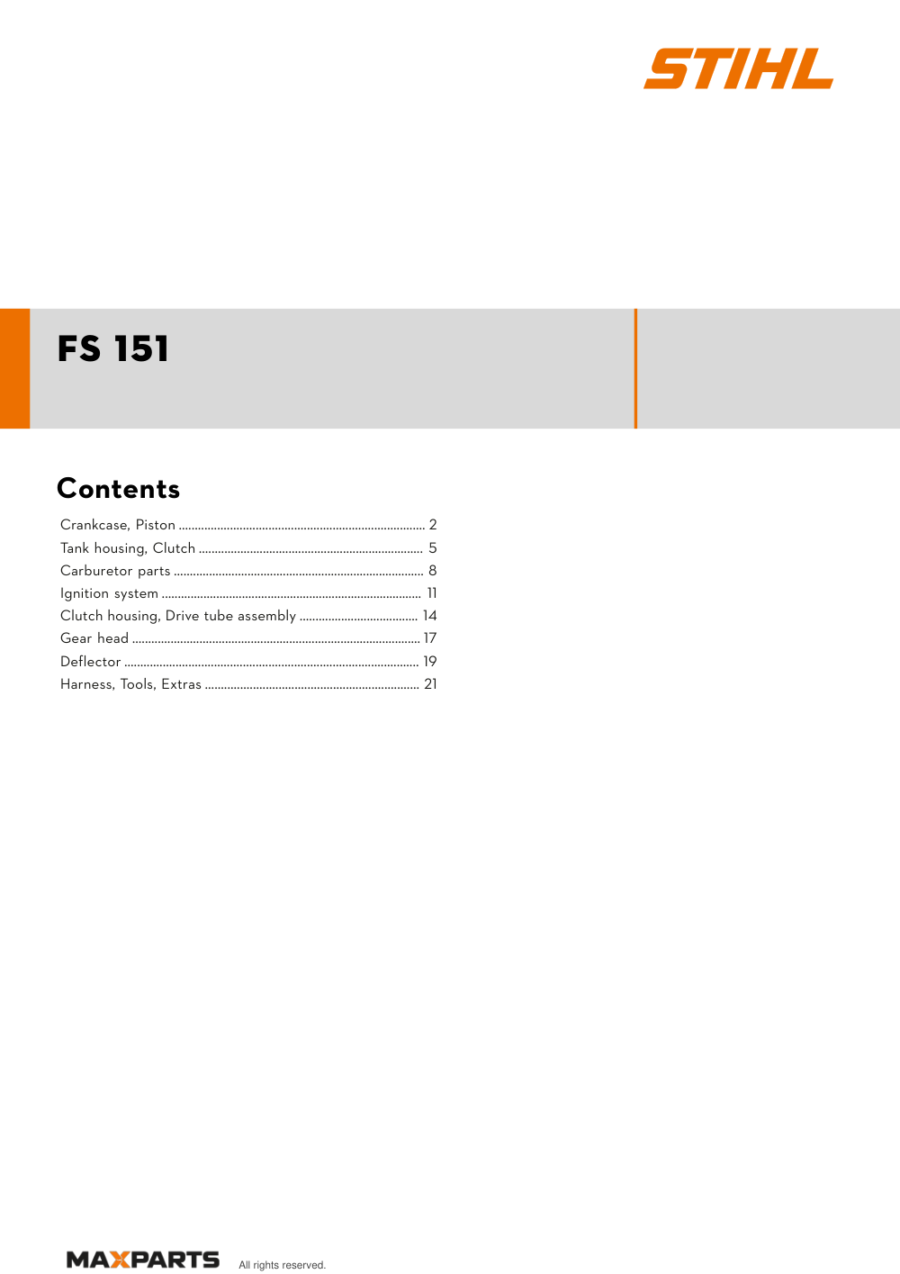 Cover of the STIHL FS 151 illustrated parts catalogue PDF, showing the model name and contents.
