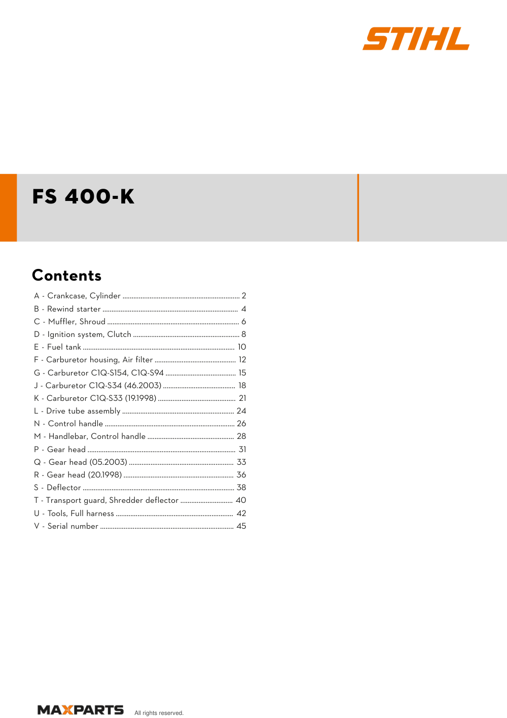 Cover of the STIHL FS 400-K illustrated parts catalogue PDF, showing the model name and contents.