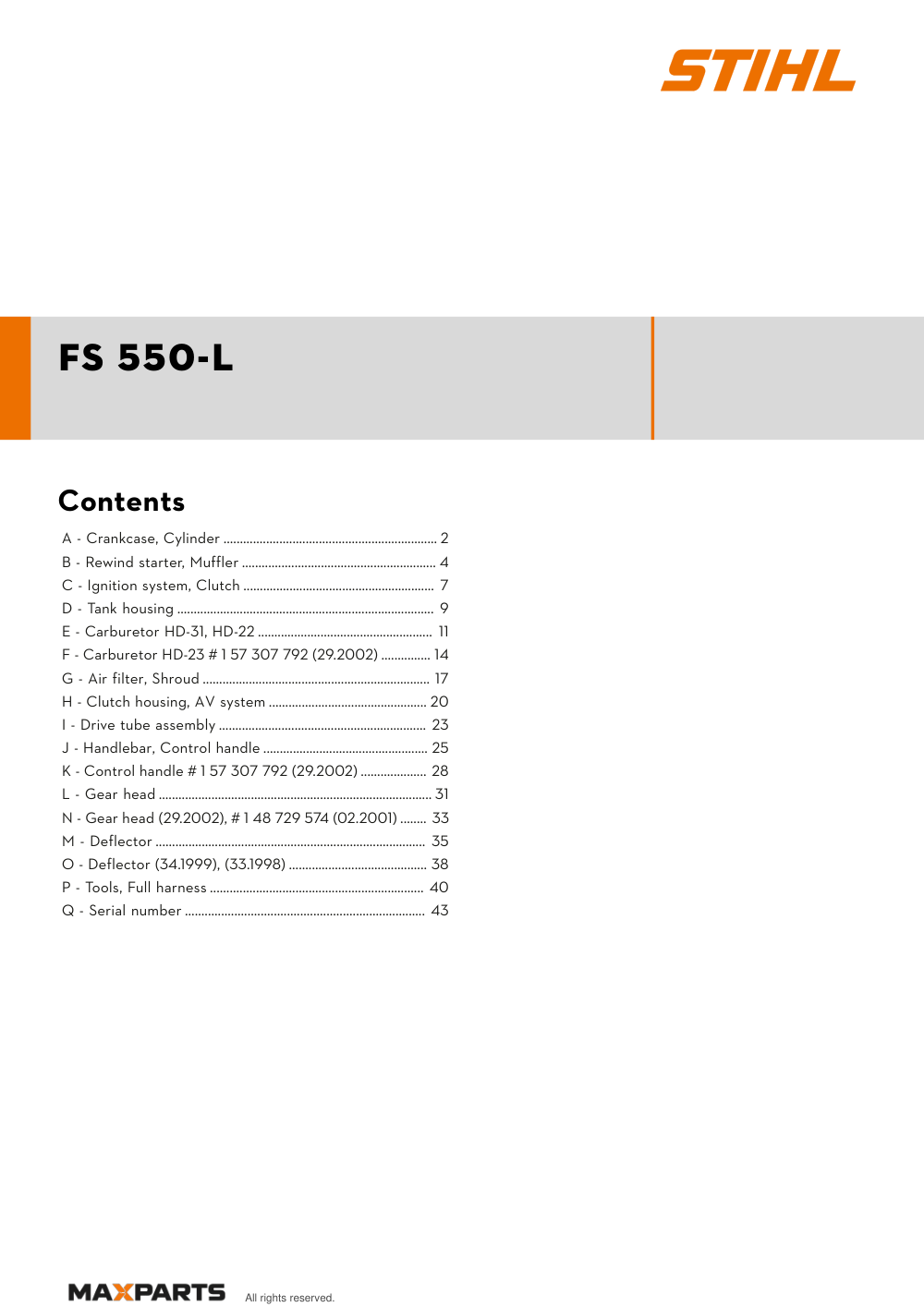 Cover of the STIHL FS 550-L illustrated parts catalogue PDF, showing the model name and contents.