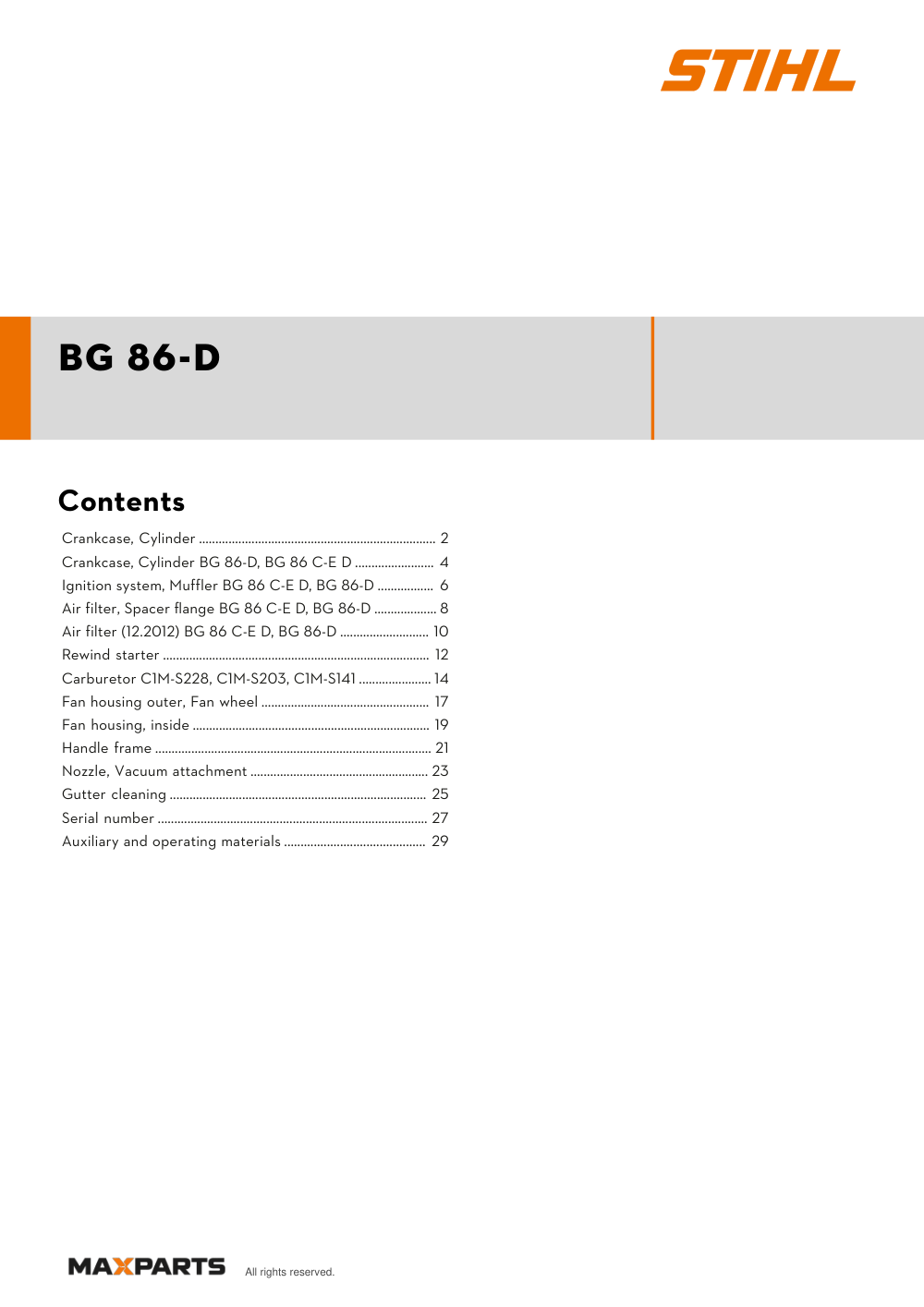Cover of the STIHL BG 86-D illustrated parts catalogue PDF, showing the model name and contents.