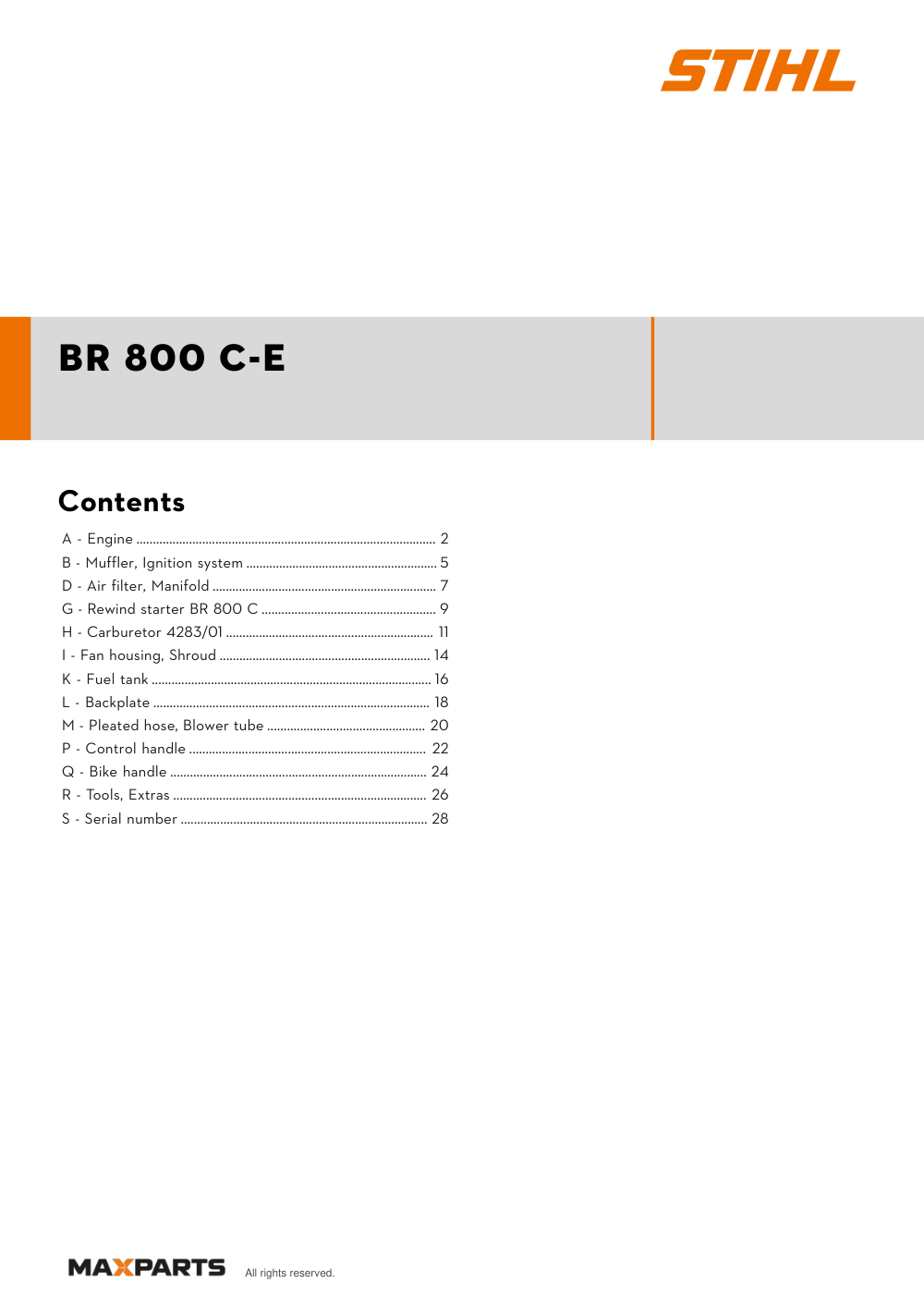 Cover of the STIHL BR 800 C-E illustrated parts catalogue PDF, showing the model name and contents.