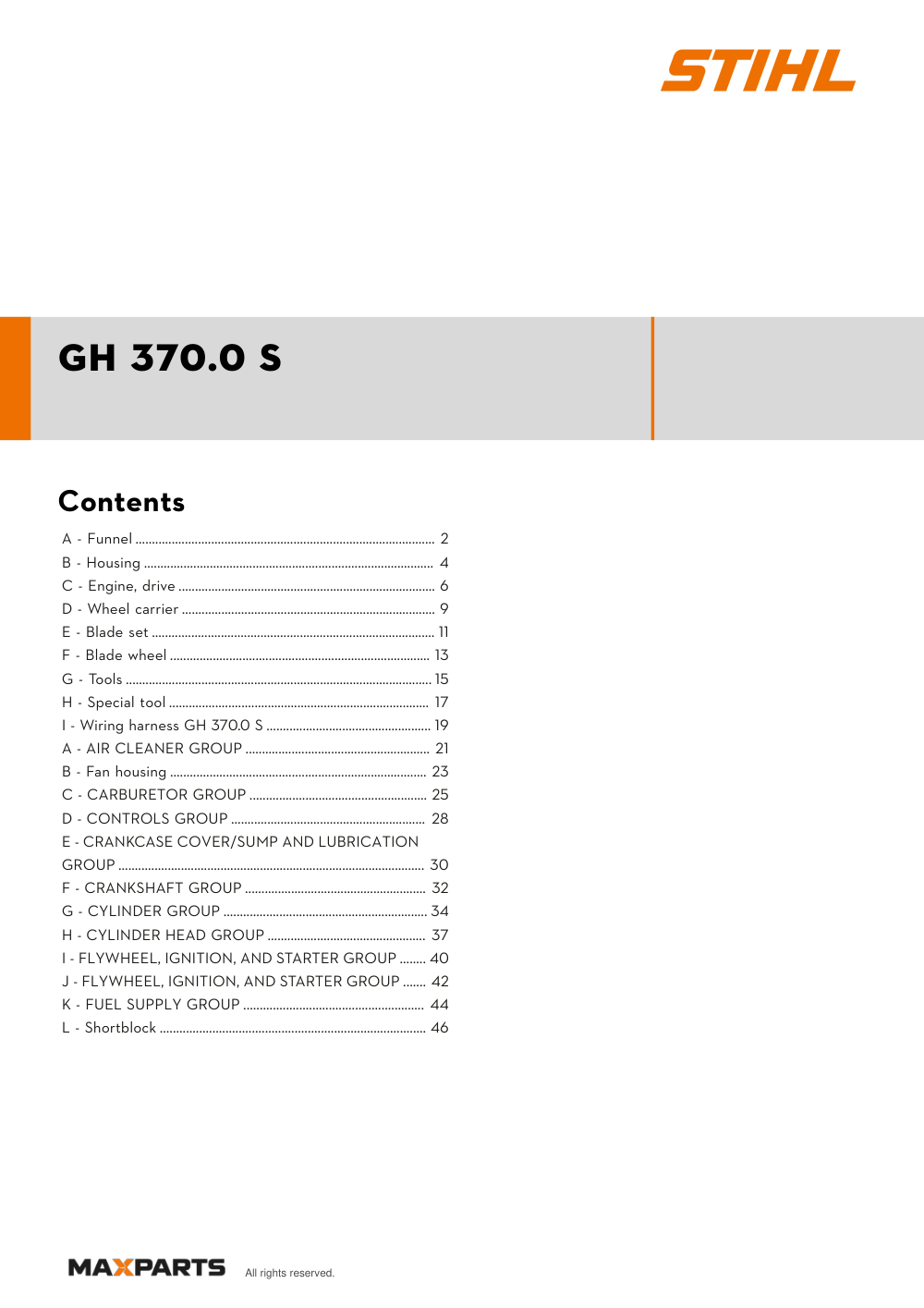 Cover of the STIHL GH 370.0 S illustrated parts catalogue PDF, showing the model name and contents.