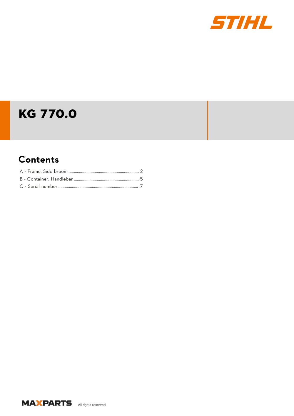 Cover of the STIHL KG 770.0 illustrated parts catalogue PDF, showing the model name and contents.