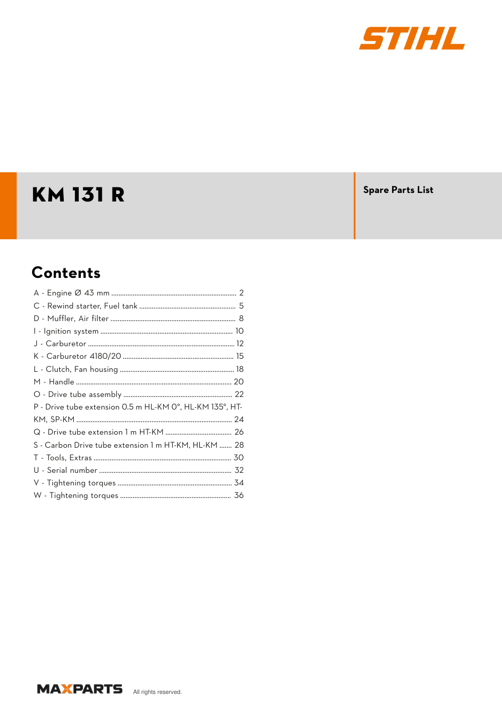 Cover of the STIHL KM 131 R illustrated parts catalogue PDF, showing the model name and contents.