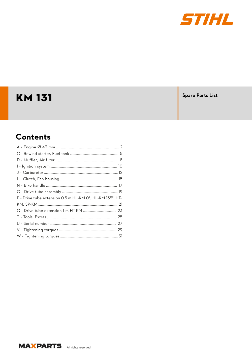 Cover of the STIHL KM 131 illustrated parts catalogue PDF, showing the model name and contents.