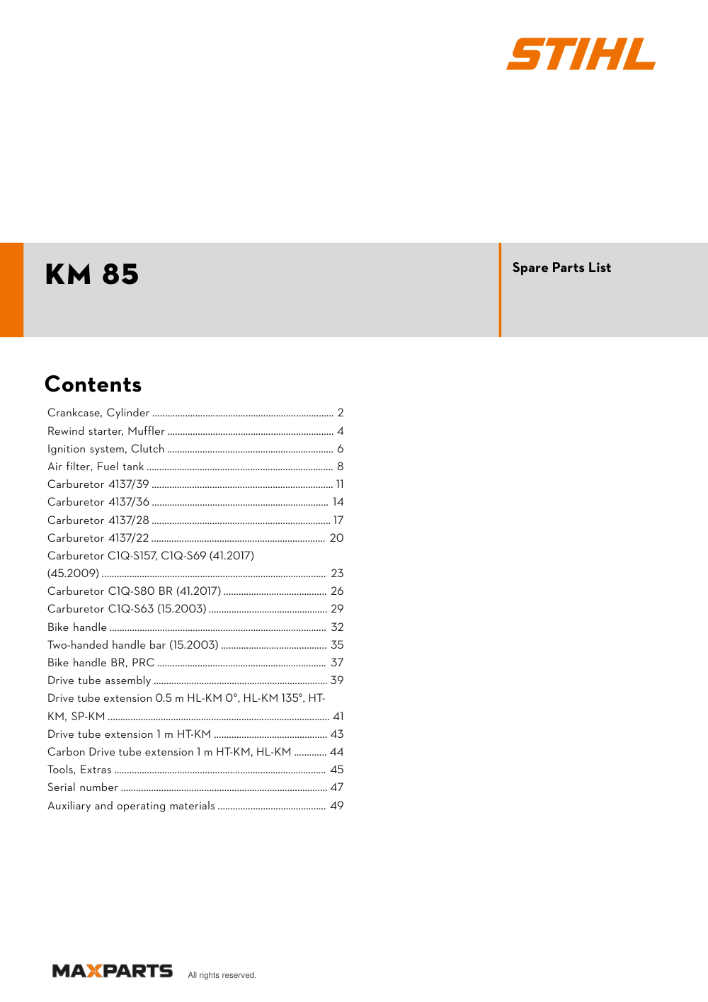 Cover of the STIHL KM 85 illustrated parts catalogue PDF, showing the model name and contents.