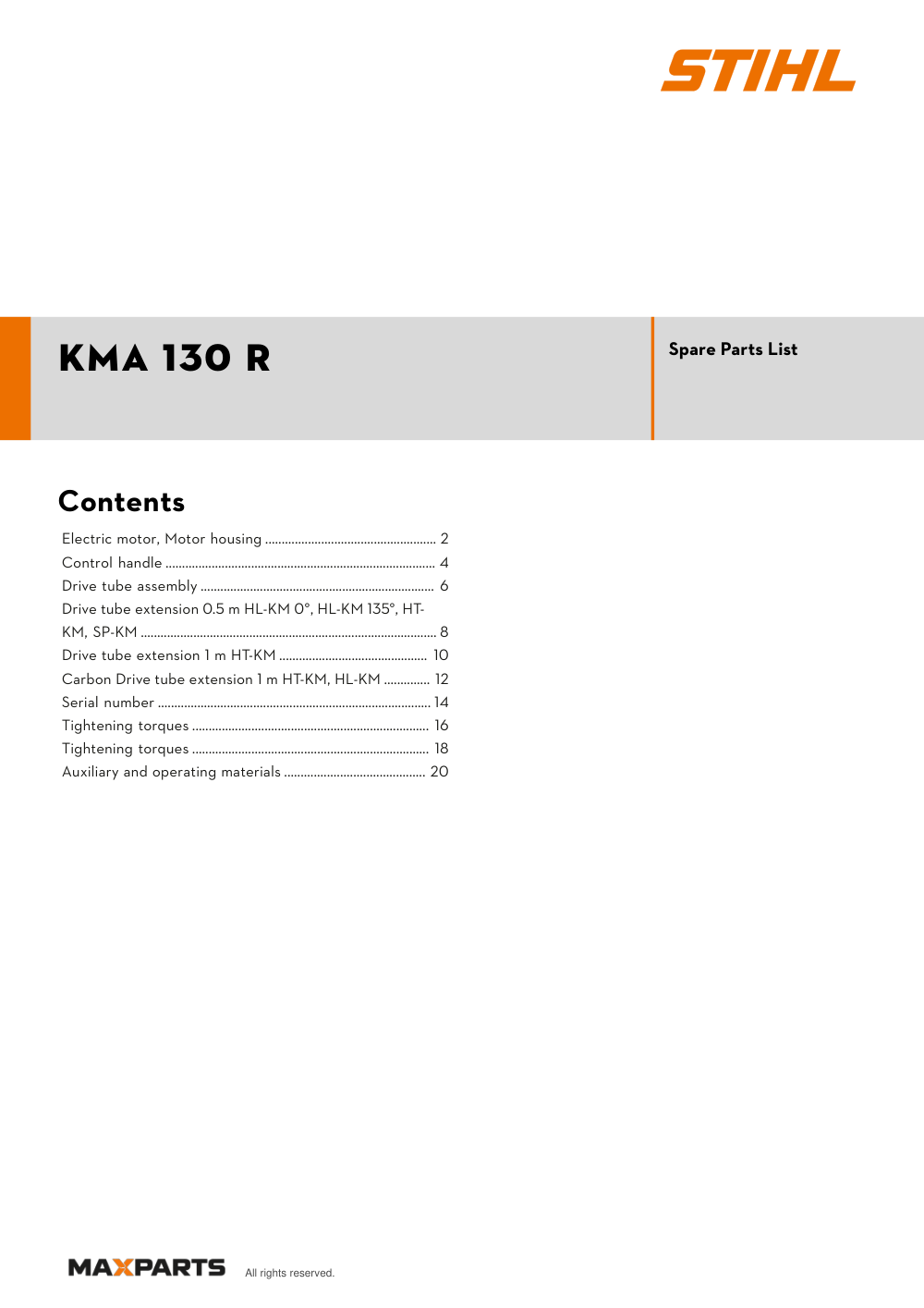 Cover of the STIHL KMA 130 R illustrated parts catalogue PDF, showing the model name and contents.