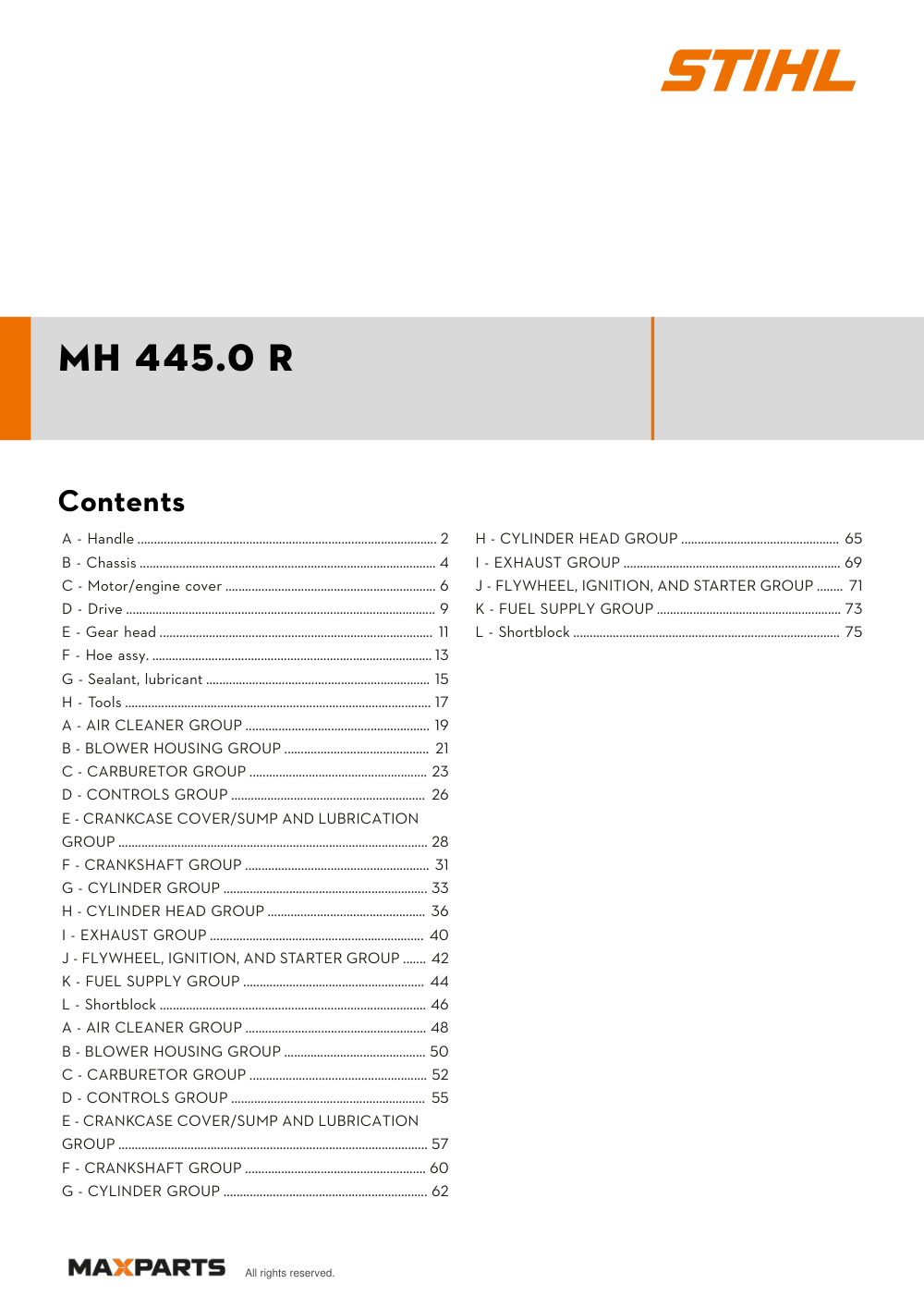 Cover of the STIHL MH 445.0 R illustrated parts catalogue PDF, showing the model name and contents.