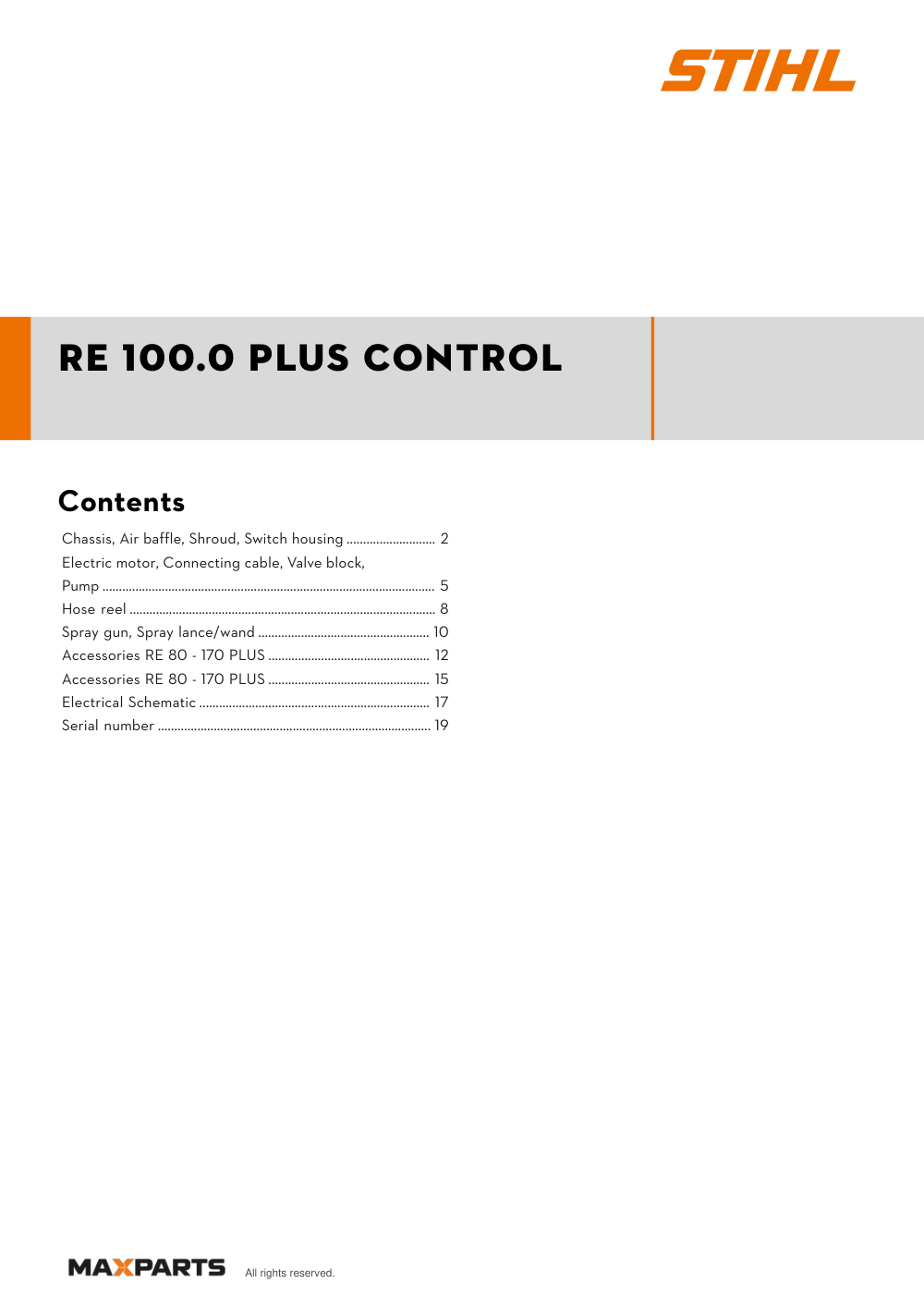 Cover of the STIHL RE 100.0 PLUS CONTROL illustrated parts catalogue PDF, showing the model name and contents.