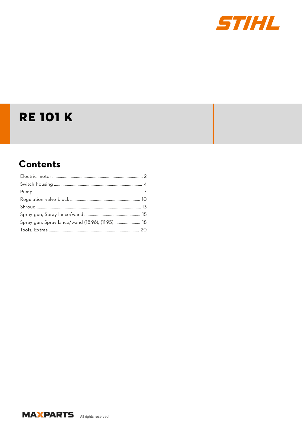 Cover of the STIHL RE 101 K (ID 47210114500) illustrated parts catalogue PDF, showing the model name and contents.