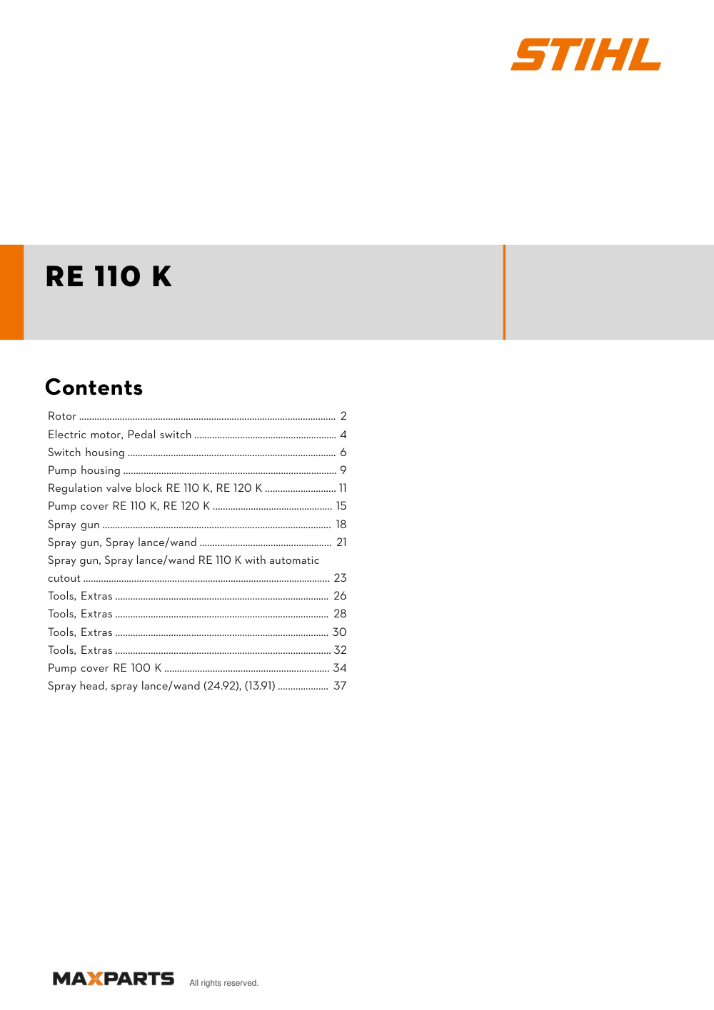 Cover of the STIHL RE 110 K (ID 47030114532) illustrated parts catalogue PDF, showing the model name and contents.