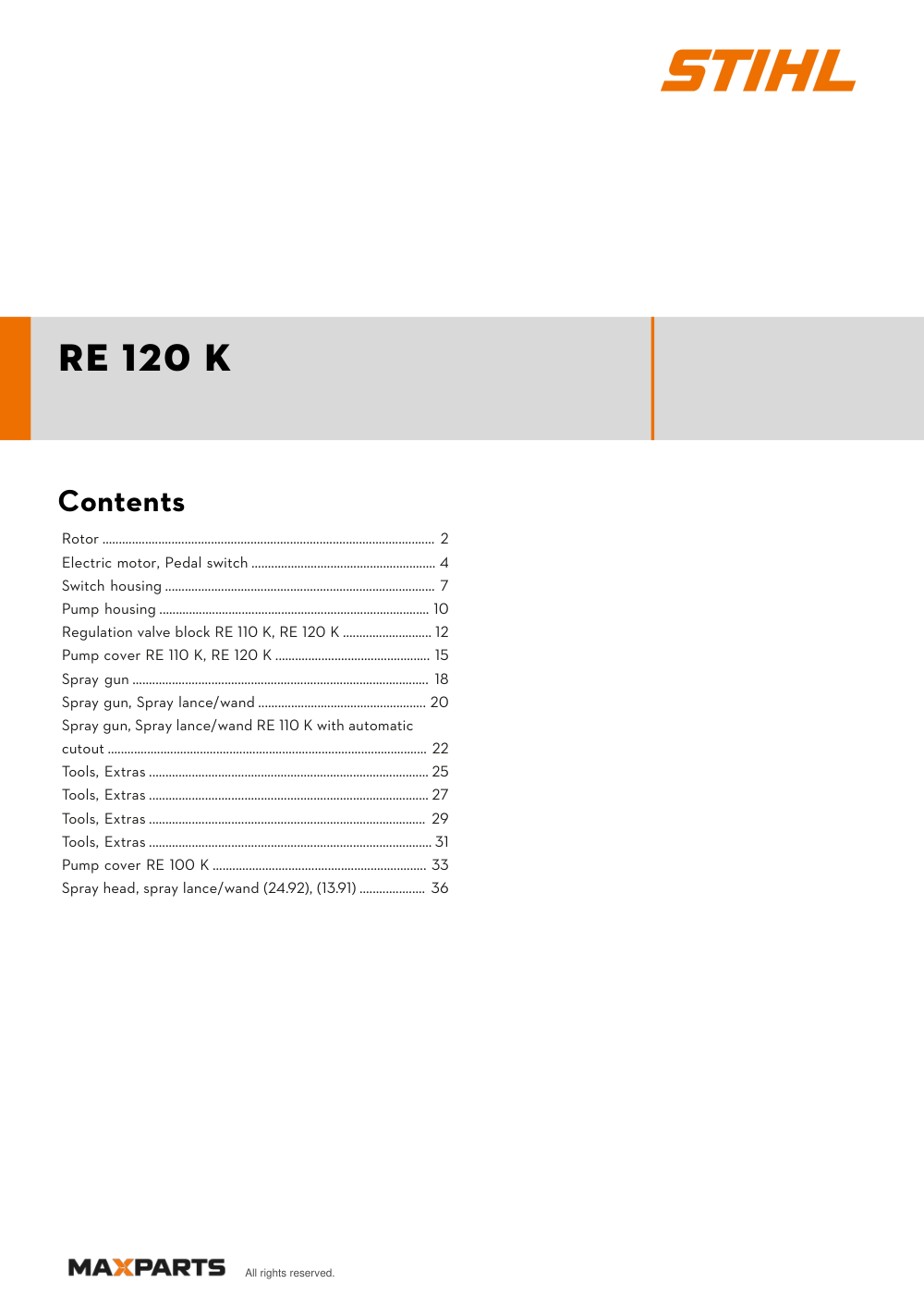 Cover of the STIHL RE 120 K (ID 47030114540) illustrated parts catalogue PDF, showing the model name and contents.