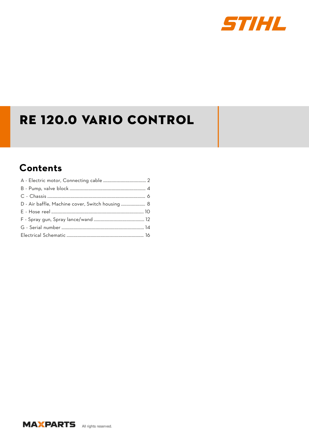 Cover of the STIHL RE 120.0 VARIO CONTROL illustrated parts catalogue PDF, showing the model name and contents.