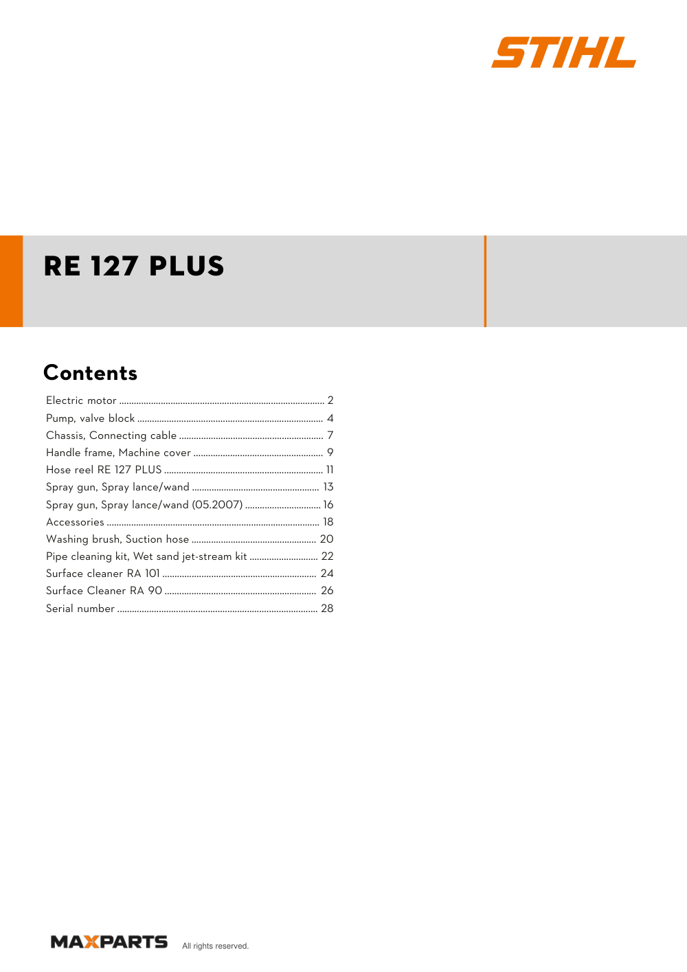 Cover of the STIHL RE 127 PLUS illustrated parts catalogue PDF, showing the model name and contents.