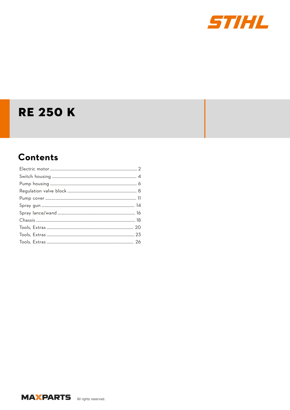 Cover of the STIHL RE 250 K (ID 47170114582) illustrated parts catalogue PDF, showing the model name and contents.