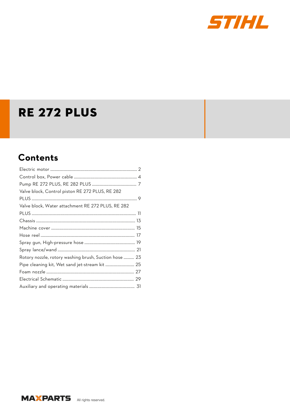 Cover of the STIHL RE 272 PLUS illustrated parts catalogue PDF, showing the model name and contents.