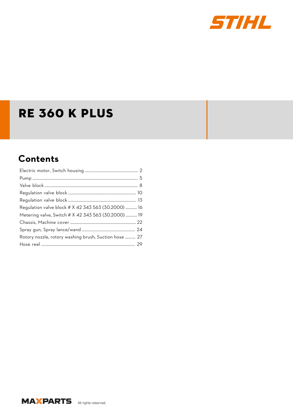 Cover of the STIHL RE 360 K PLUS illustrated parts catalogue PDF, showing the model name and contents.